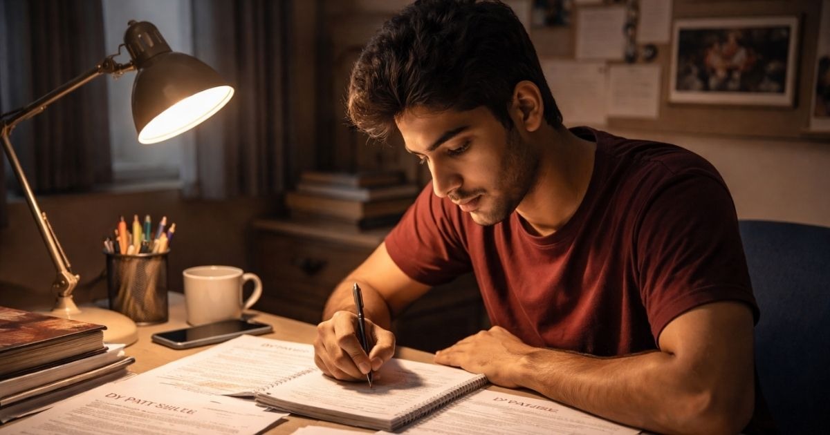 Indian university student studying late at night using DY Patil solved question papers to understand exam pattern and reduce exam stress