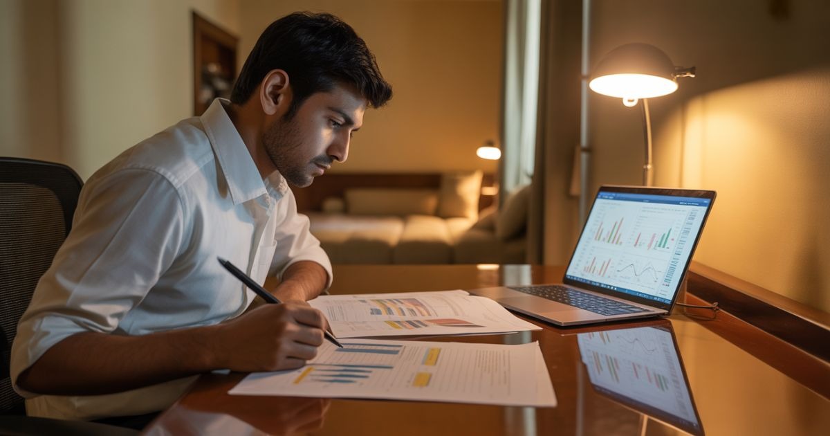 A student preparing a DPU project report while analyzing data and charts on a laptop at a study desk.