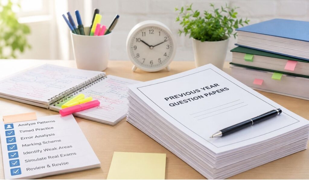 Previous year question papers, study planner, alarm clock, notebook, and exam preparation books on a study desk for smart exam preparation and better results.