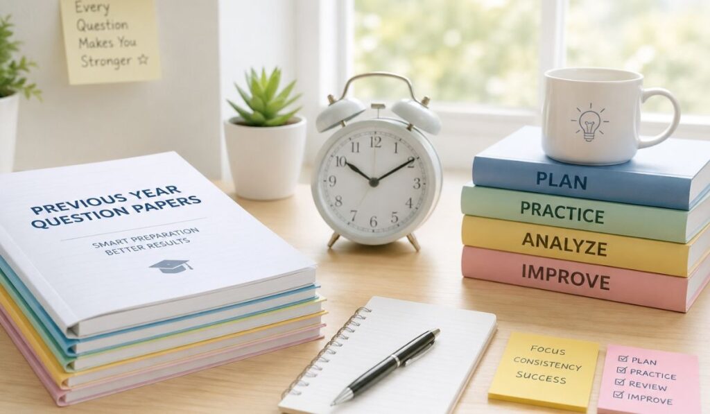 Previous year question papers, study notes, highlighters, books, and a study checklist on a desk for effective exam preparation and revision.