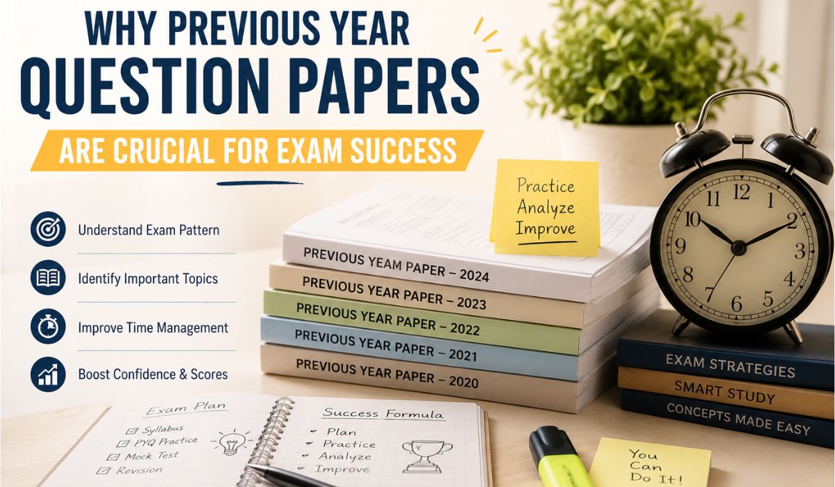 Student study desk with previous year question papers, study planner, alarm clock, and exam preparation essentials showing why previous year question papers are important for exam success.